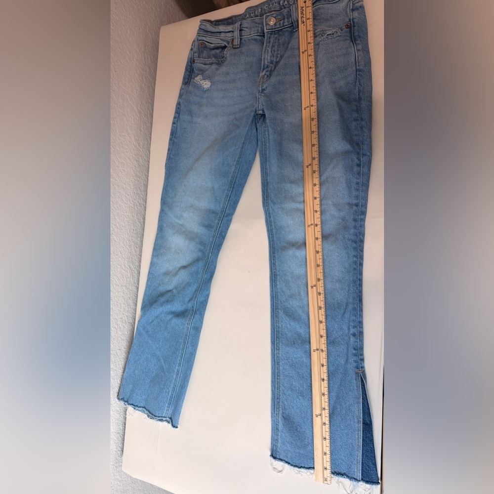 American Eagle Outfitters Light Blue Stretch Bootcut Jeans | Distressed Raw Hem - Picture 10 of 10